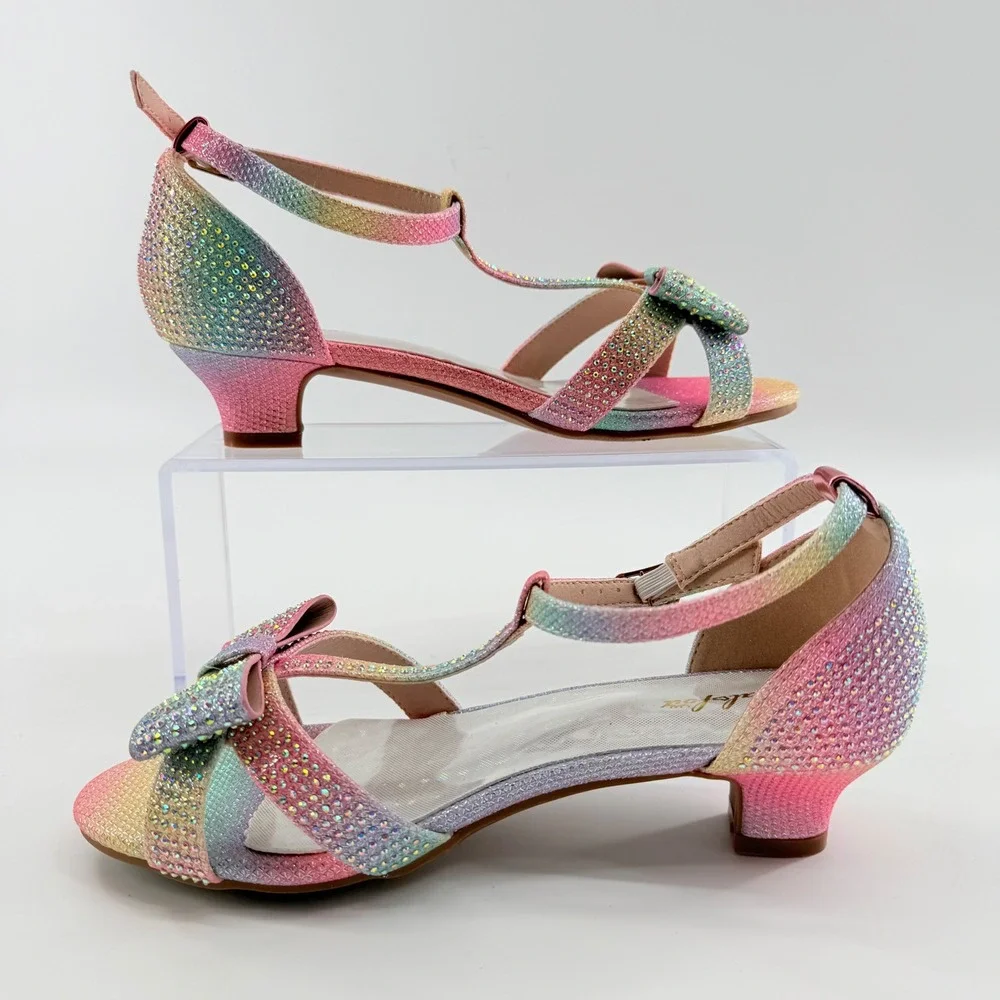 Girls 6 T-Strap Dress Sandals Pastel‎ Rainbow Ombre Rhinestone Bow Kitten Heel